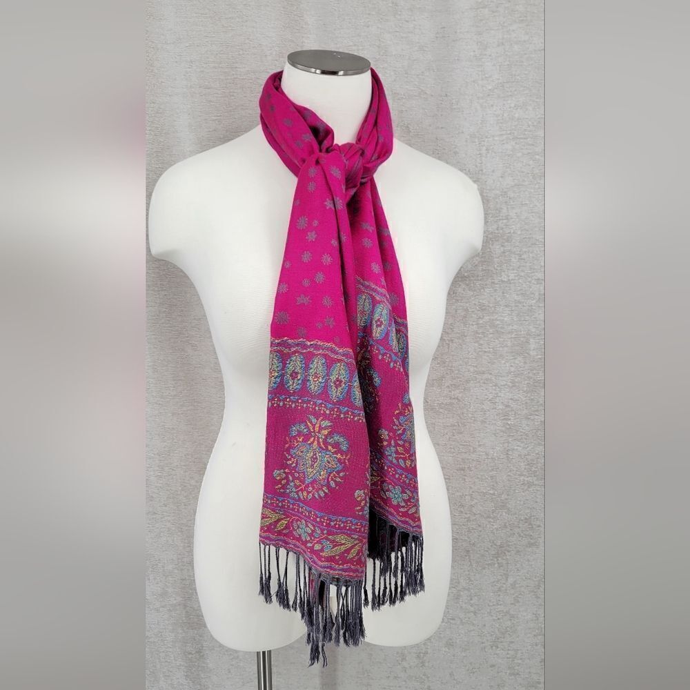 100% Cashmere Kani Shawl Scarf Vivid Pink Teal Blue with Fringe - Picture 12 of 12